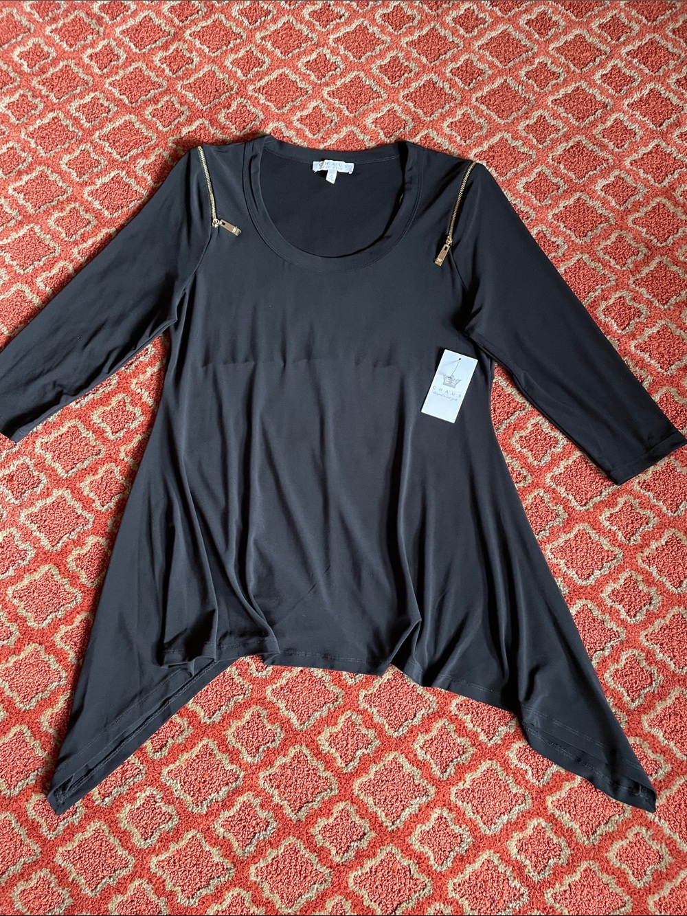Chaus Black Long-Sleeve Twist Front Top with Gold Zipper Detail